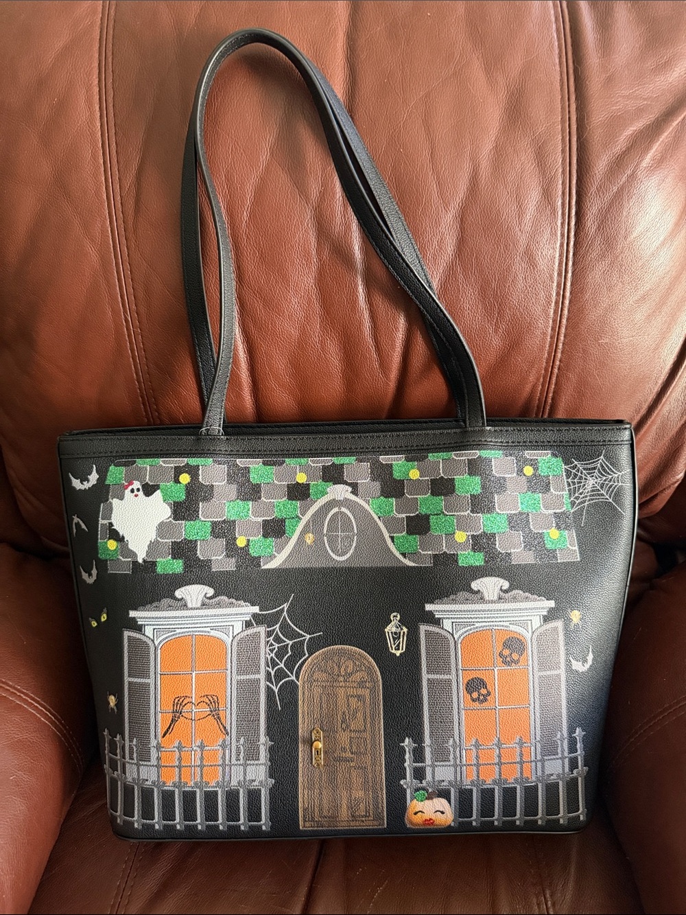 Betsy Johnson Black Halloween House Print Tote Bag